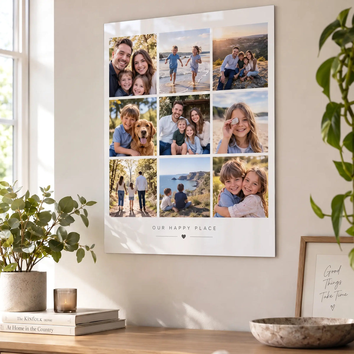 A3 personalised photo collage print displayed on a contemporary living room wall with nine family photos