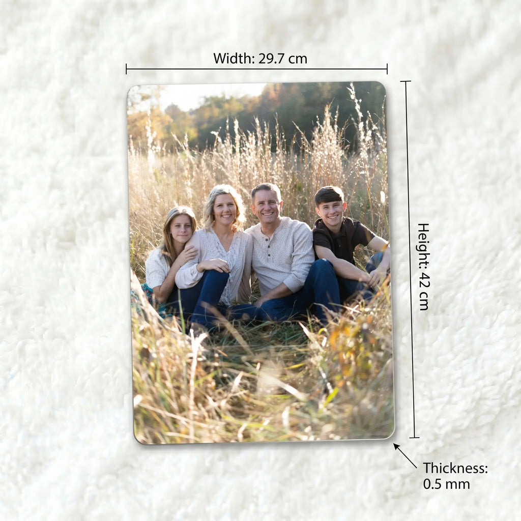 A3 personalised metal photo panel size guide showing dimensions 29.7cm x 42cm and 0.5mm thickness on white textured background
