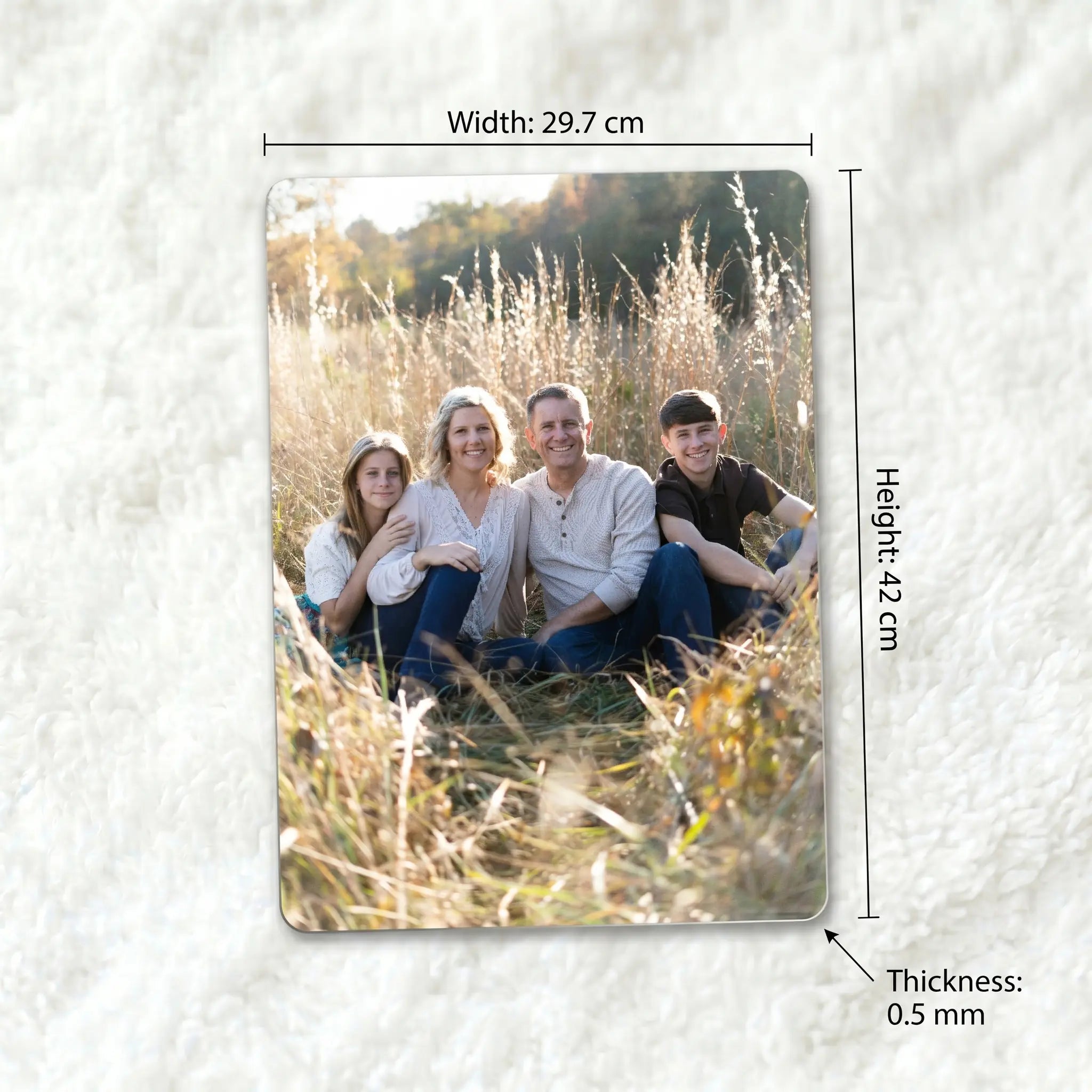 A3 personalised metal photo panel size guide showing dimensions 29.7cm x 42cm and 0.5mm thickness on white textured background