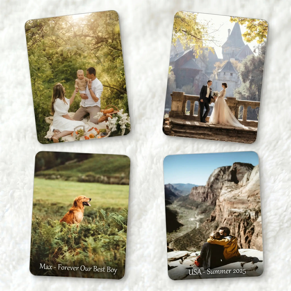 Personalised metal photo panel examples featuring family photo, wedding photo, pet memorial print and travel memory design