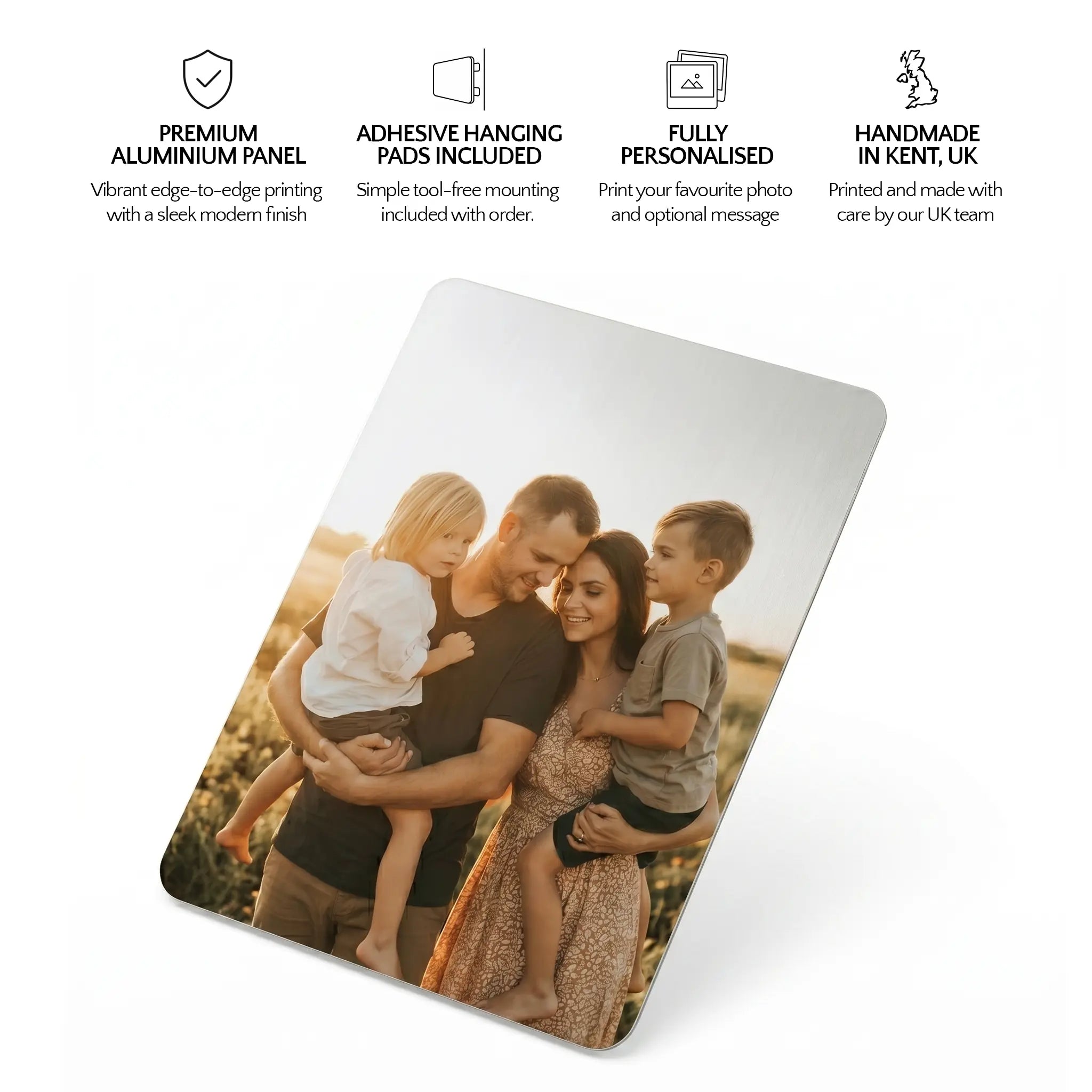 Personalised aluminium photo panel infographic highlighting premium metal finish, adhesive hanging pads included, custom photo printing and handmade UK production