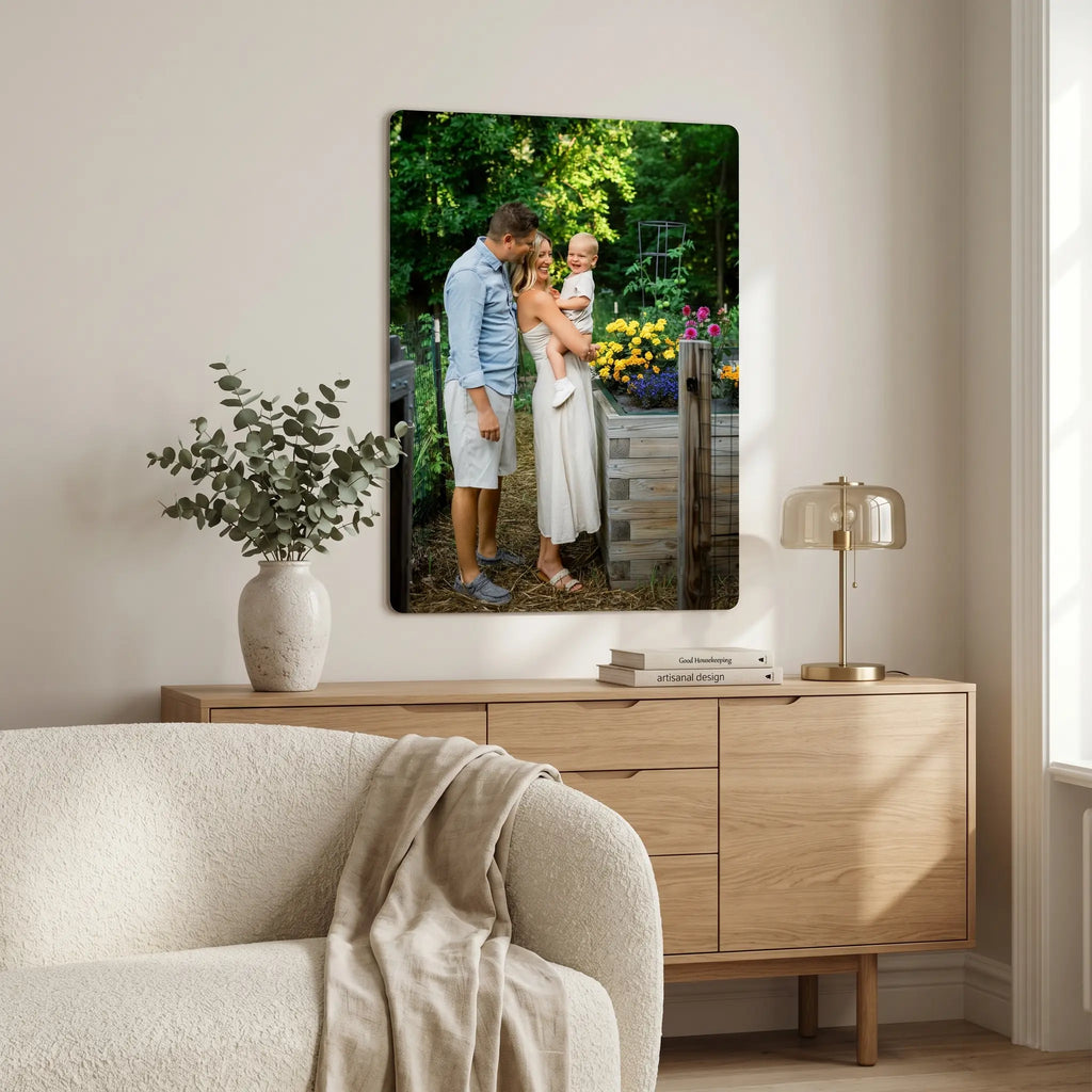 Custom metal photo panel wall art displayed in a modern living room showing personalised family photo print mounted to the back wall