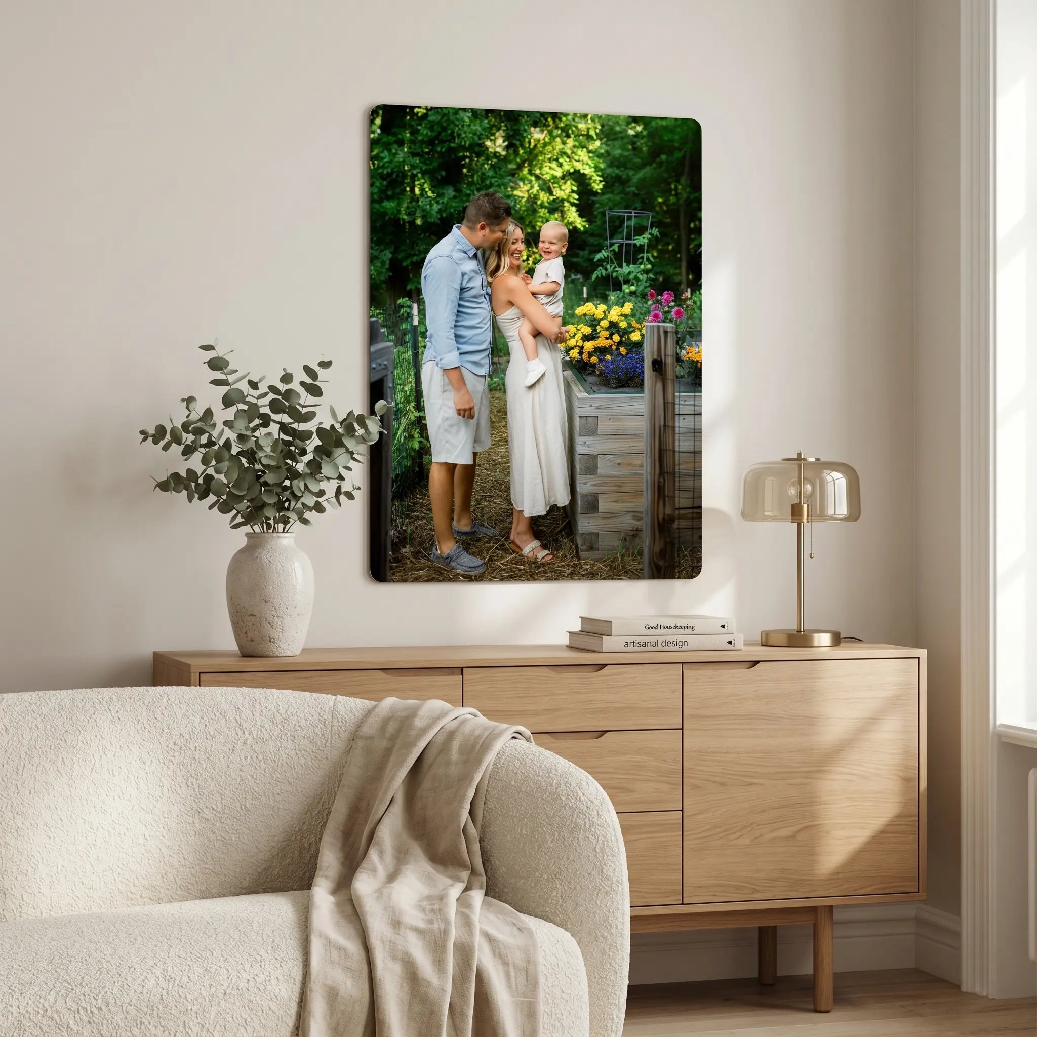 Custom metal photo panel wall art displayed in a modern living room showing personalised family photo print mounted to the back wall