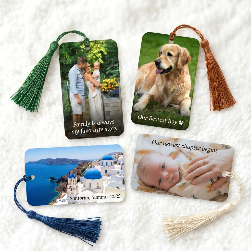 Four personalised aluminium bookmark design examples for family, pets, travel memories and new baby gifts