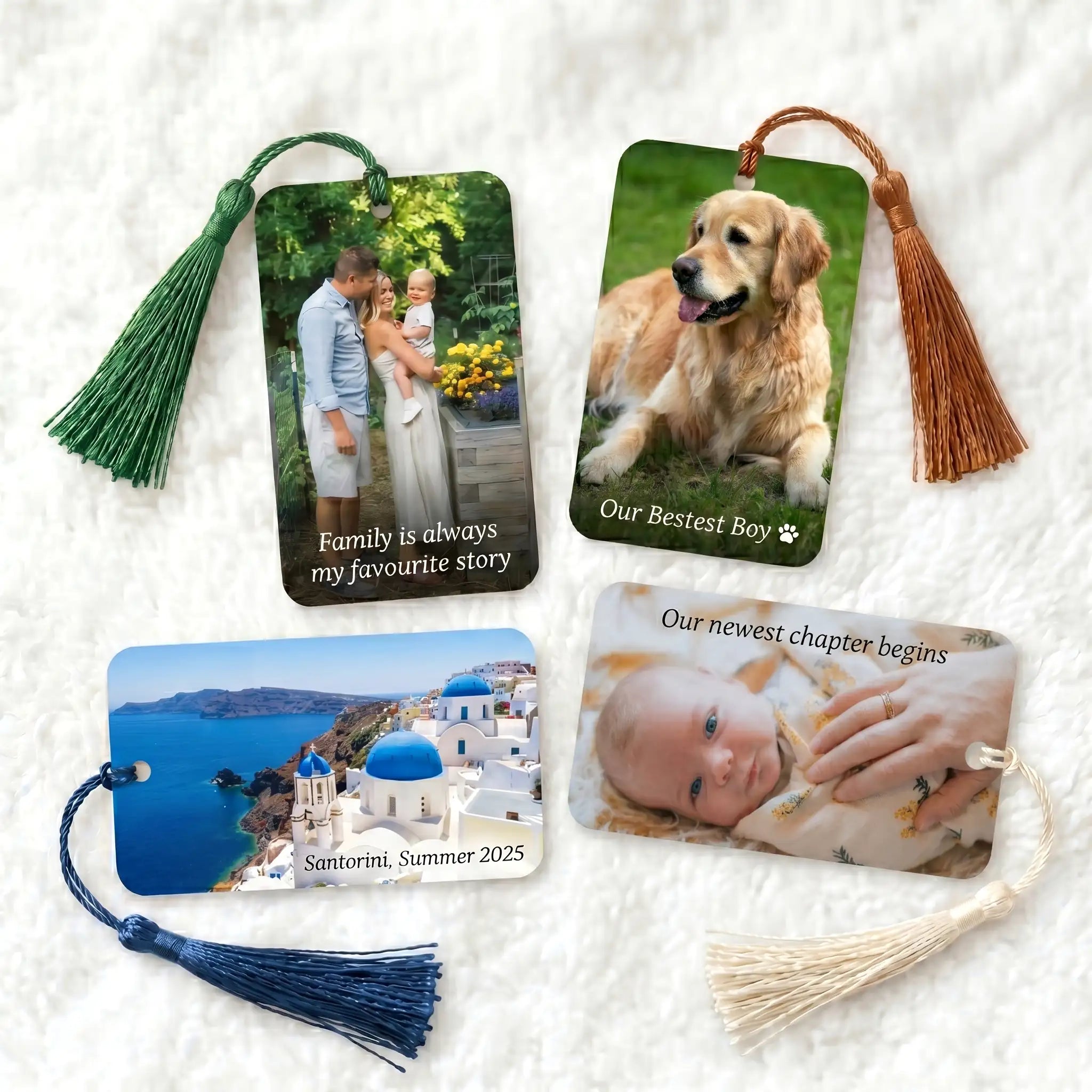 Four personalised aluminium bookmark design examples for family, pets, travel memories and new baby gifts