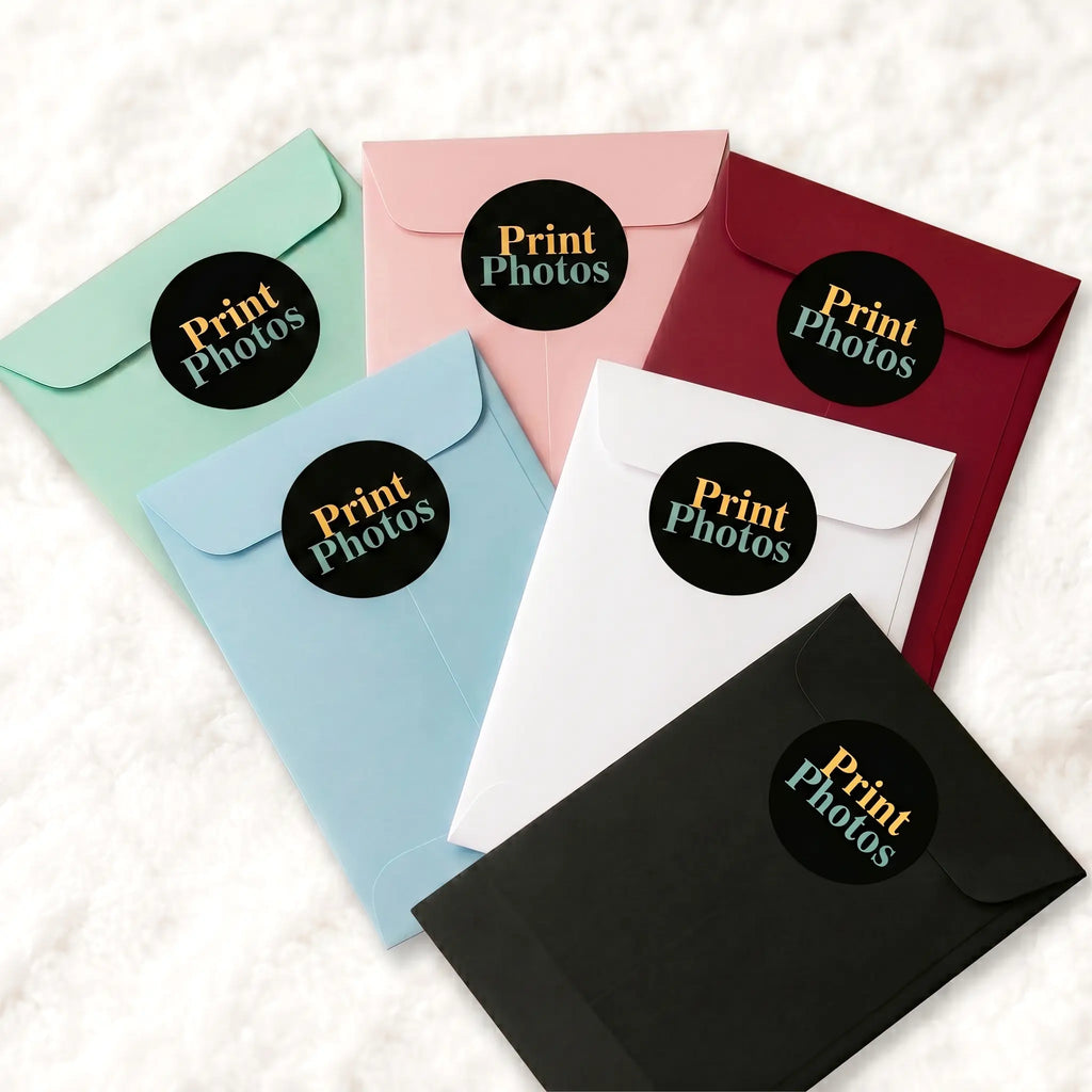 Personalised photo bookmark gift packaging with coloured envelope presentation and Print Photos branded sticker