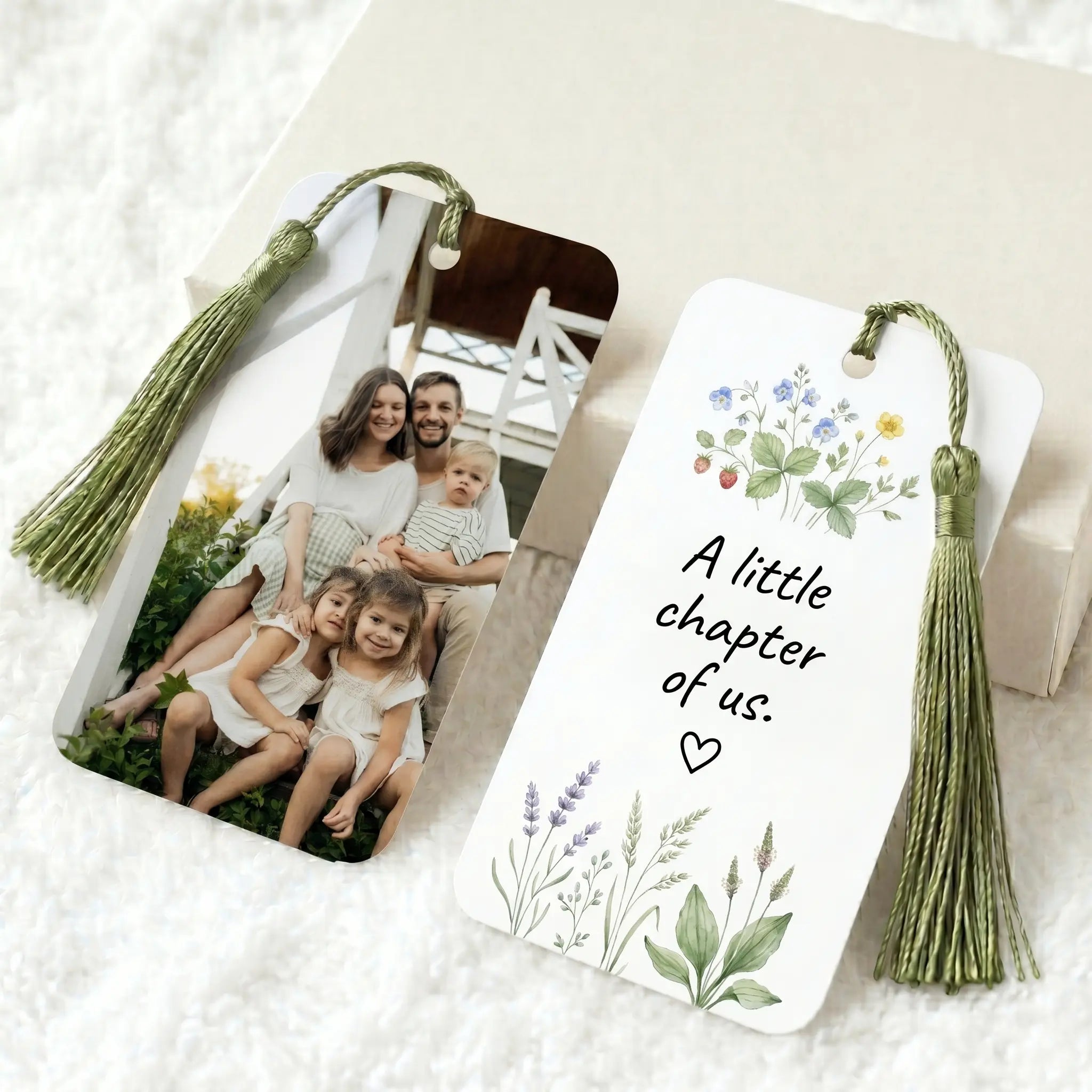 Personalised aluminium photo bookmark with tassel, showing double-sided custom design with family photo and message