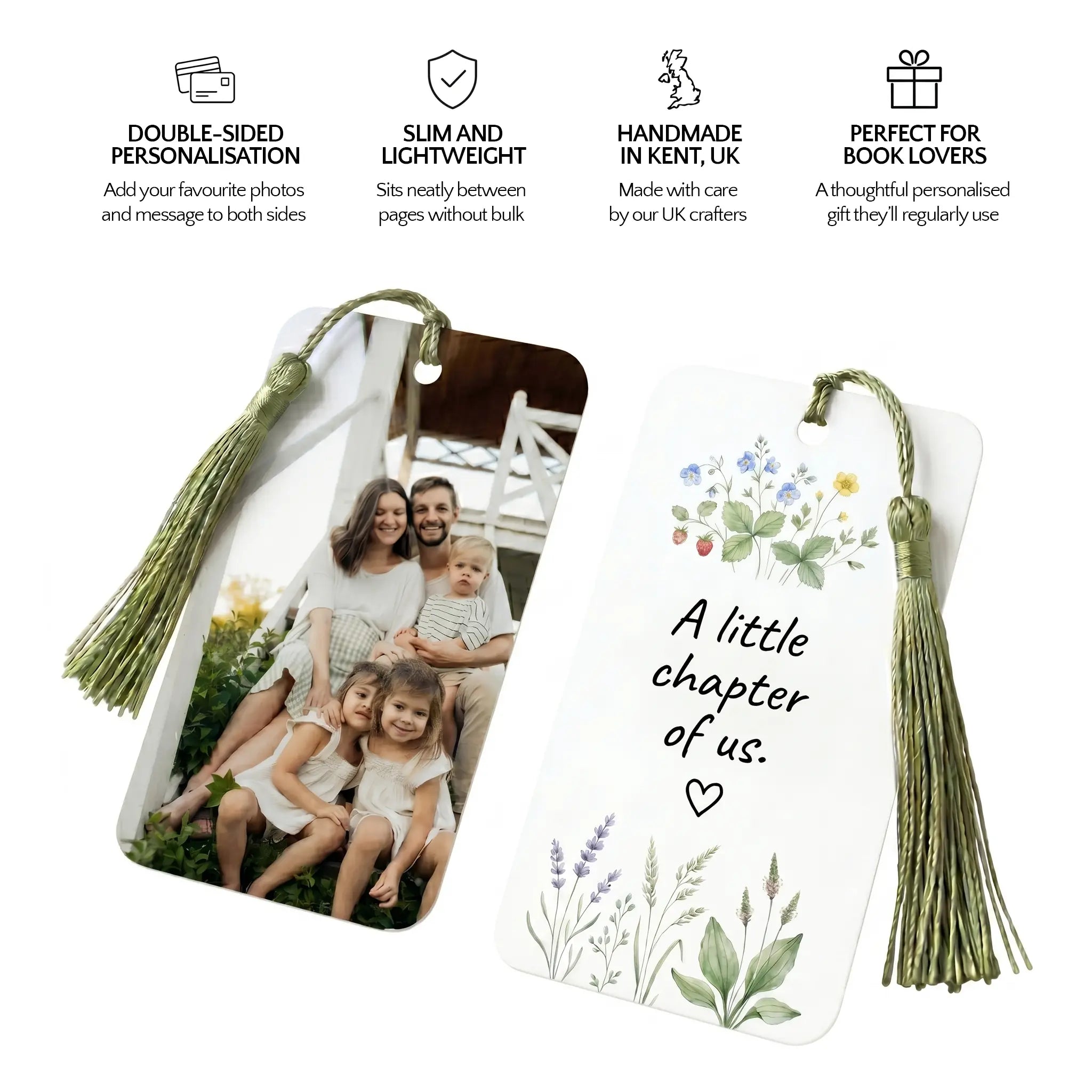 Personalised aluminium bookmark infographic showing double-sided personalisation, slim design, handmade UK craftsmanship and gifting benefits
