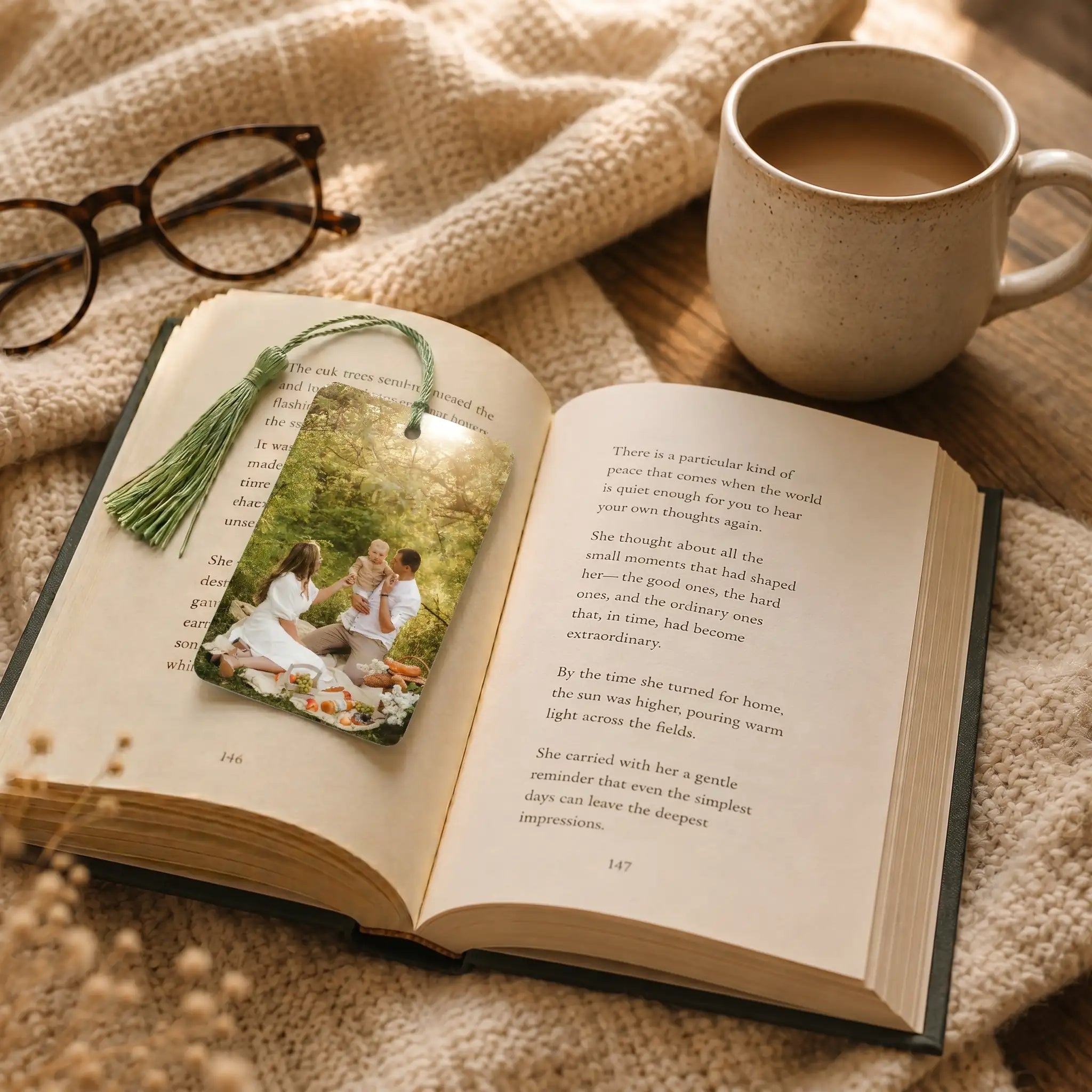 Personalised photo bookmark with tassel placed inside an open book beside coffee in a cosy reading setting