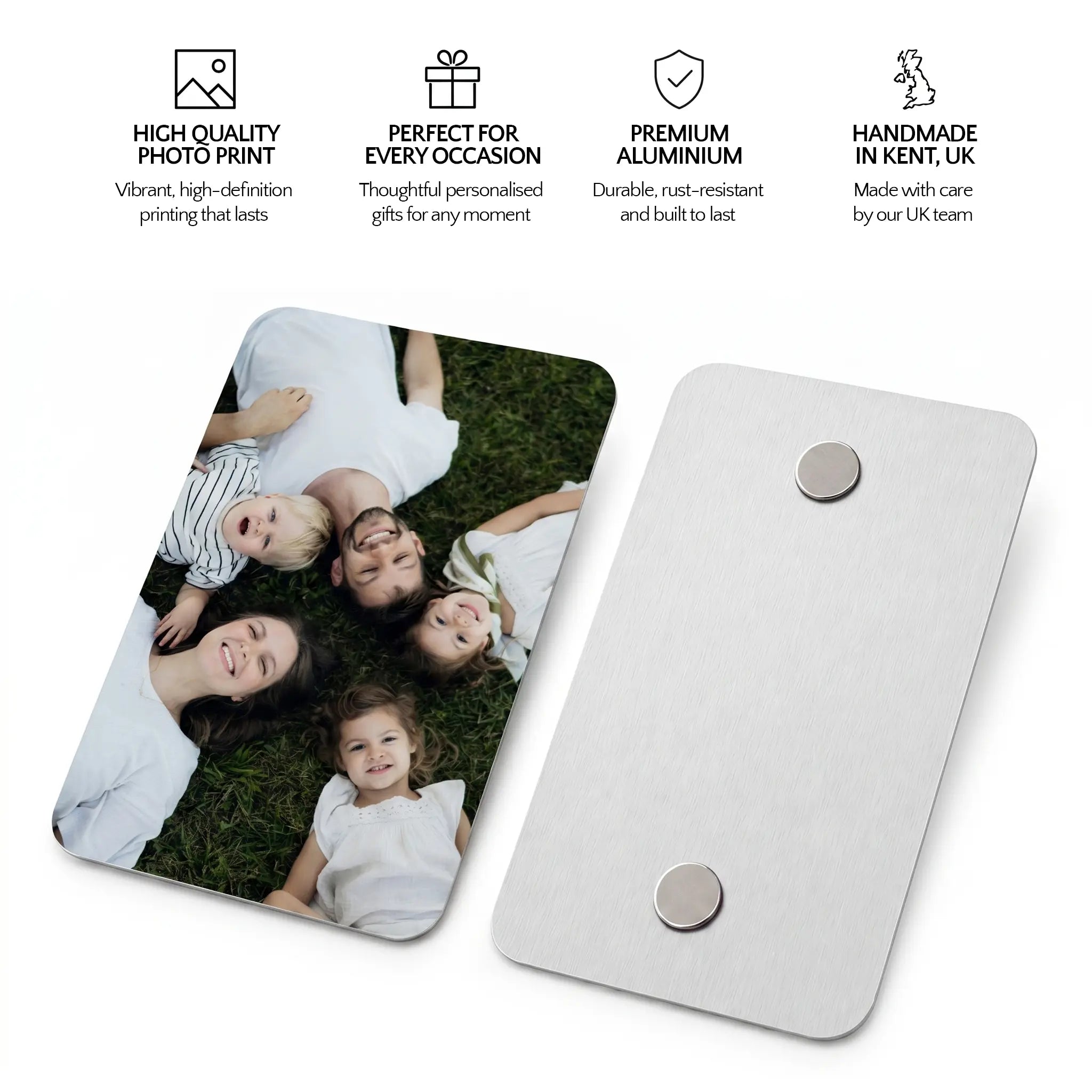 Infographic showing personalised fridge magnet features including premium aluminium, UK handmade quality and vibrant photo printing