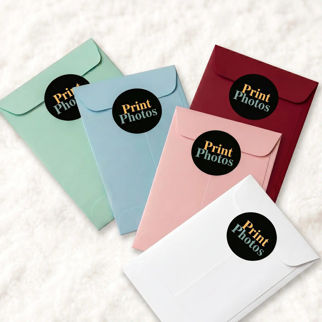 Personalised photo fridge magnet gift packaging with coloured envelopes and branded presentation stickers