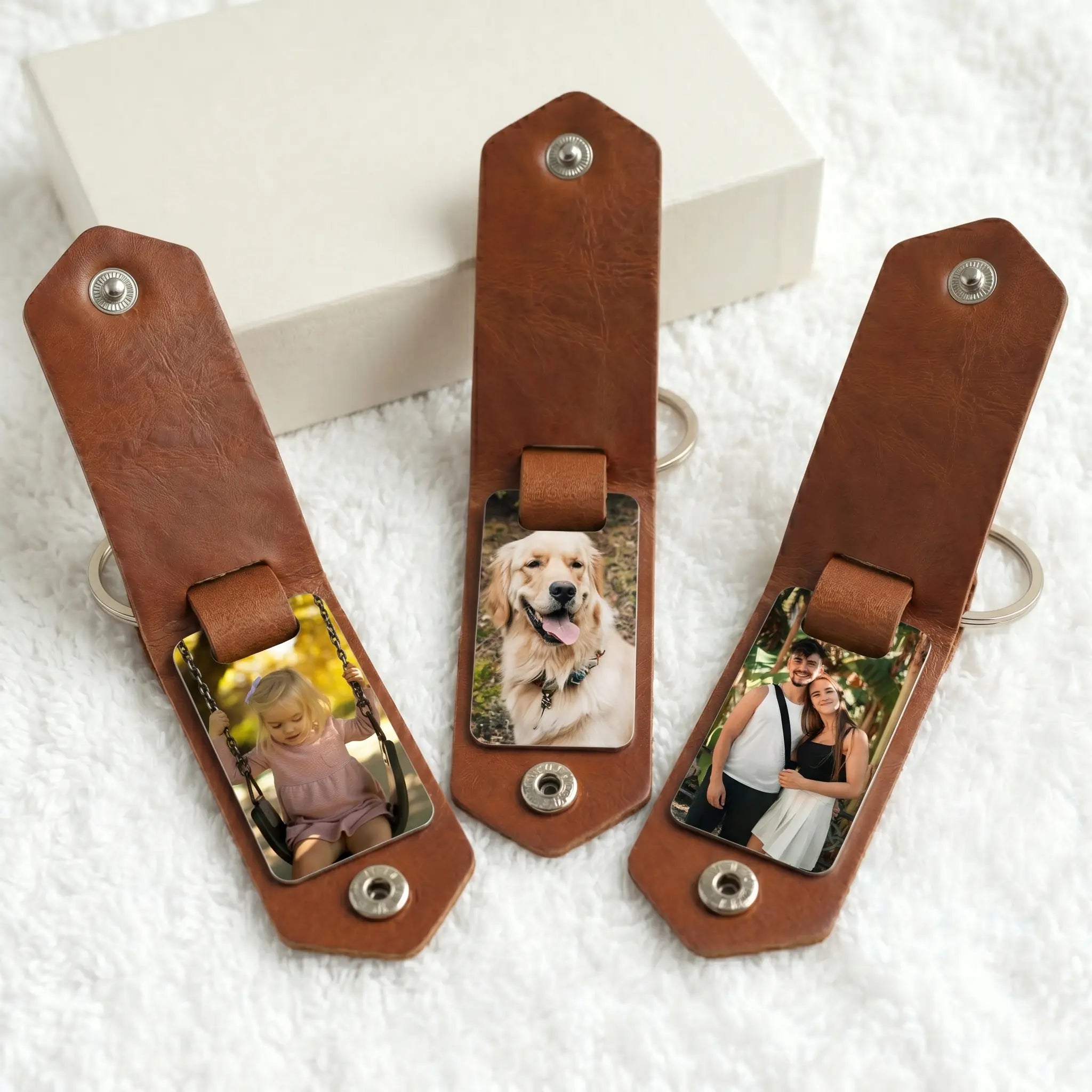 Personalised photo keyring examples featuring family, pet and couple custom photo designs for gifting inspiration