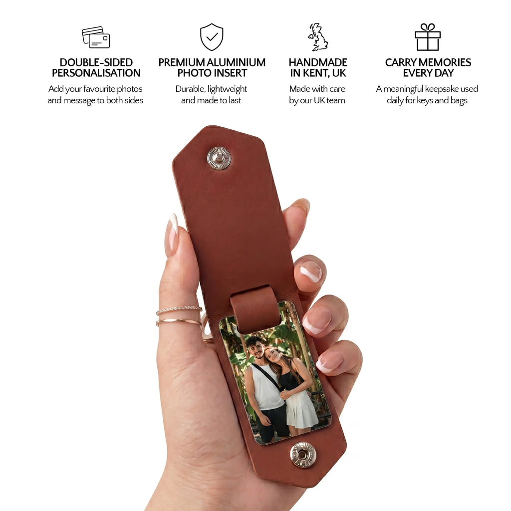 Personalised photo keyring infographic showing double-sided personalisation, premium aluminium insert, handmade UK craftsmanship and everyday keepsake benefits