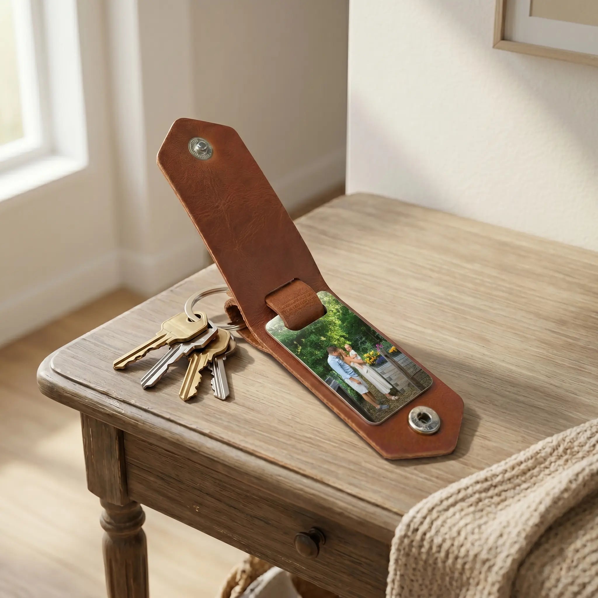 Personalised photo keyring with custom family photo resting on a hallway console table beside house keys in a home lifestyle setting