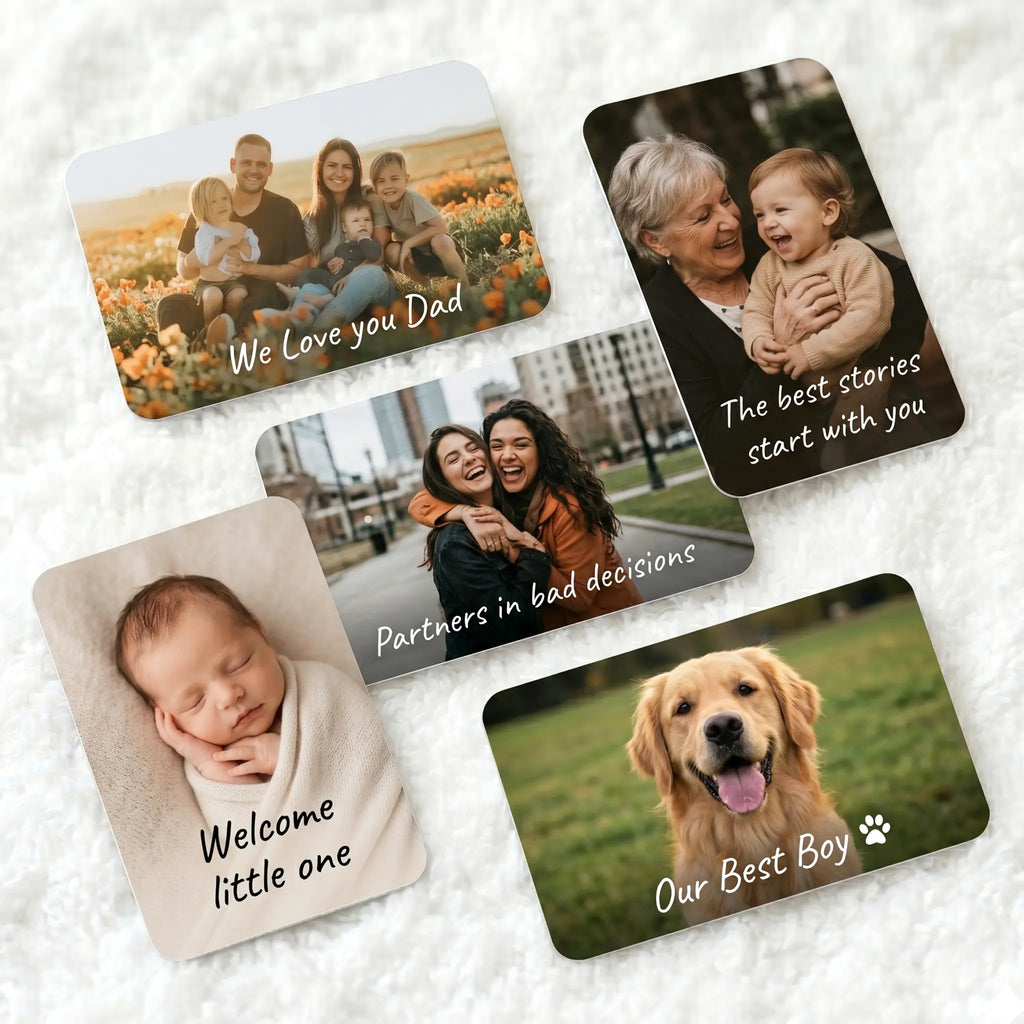 Personalised wallet card gift examples for dad, grandparents, best friend, new baby and pet owners