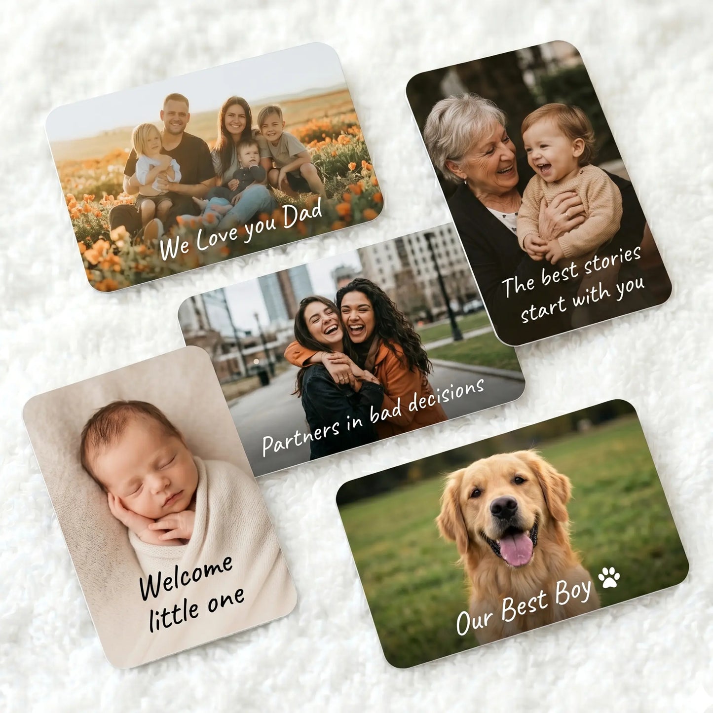 Personalised wallet card gift examples for dad, grandparents, best friend, new baby and pet owners