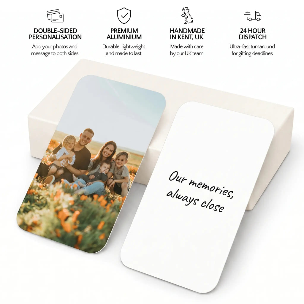 Infographic showing personalised wallet card features including double-sided printing, premium aluminium and UK handmade quality