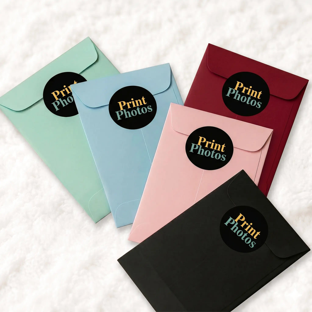 Personalised wallet card gift packaging with coloured envelopes and branded Print Photos presentation stickers