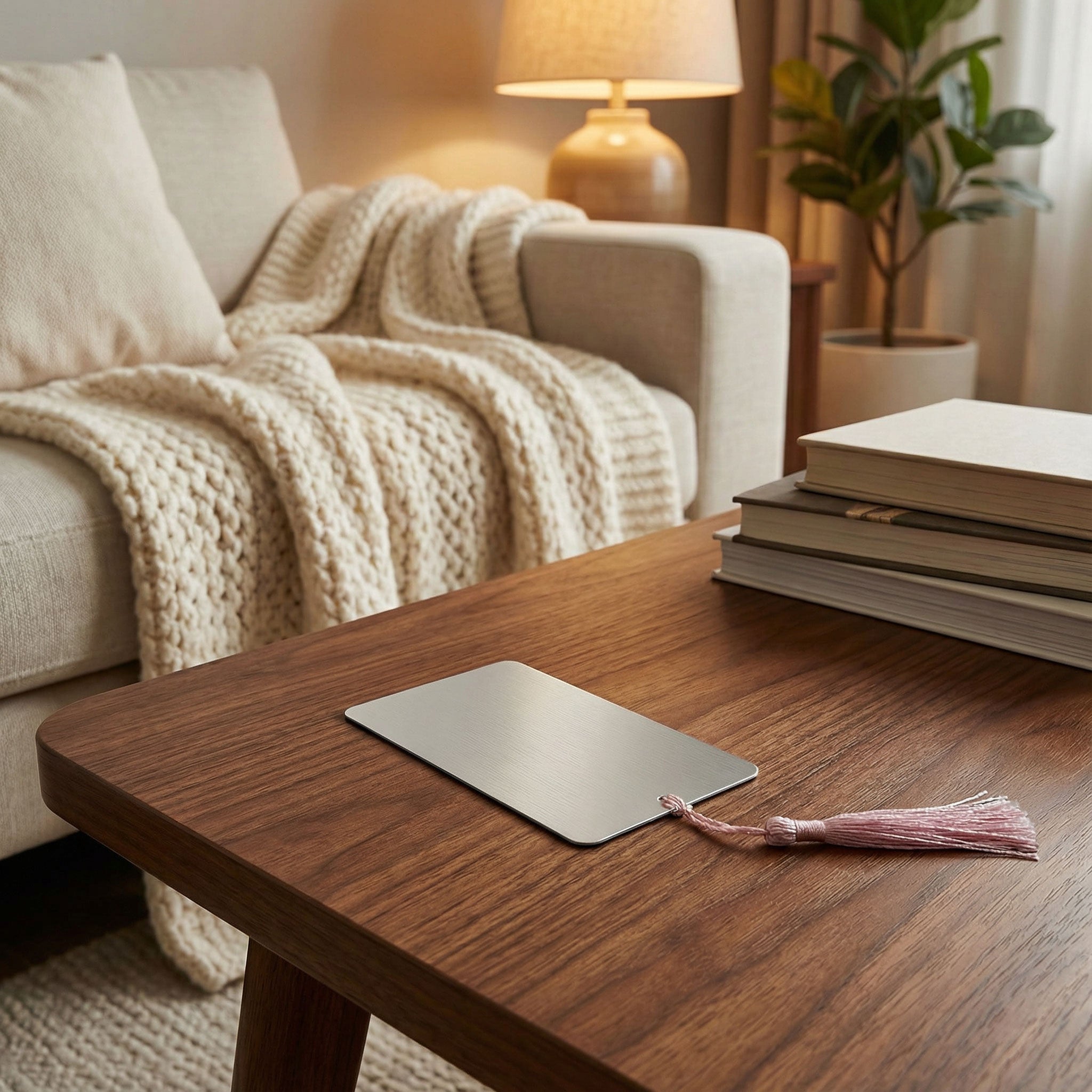 Reverse side of a premium aluminium bookmark showing the durable brushed silver metal finish. High-quality metal bookmark construction that won't bend or tear.