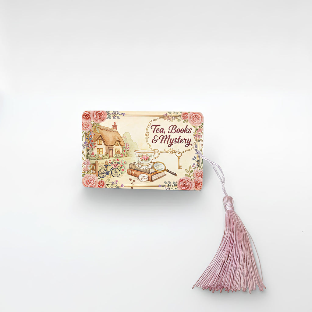 Personalised metal photo bookmark with pink tassel – vintage cottage design featuring teacup, books and magnifying glass with “Tea, Books & Mystery” text. Handmade aluminium bookmark, perfect cosy gift for book lovers and tea enthusiasts in the UK.