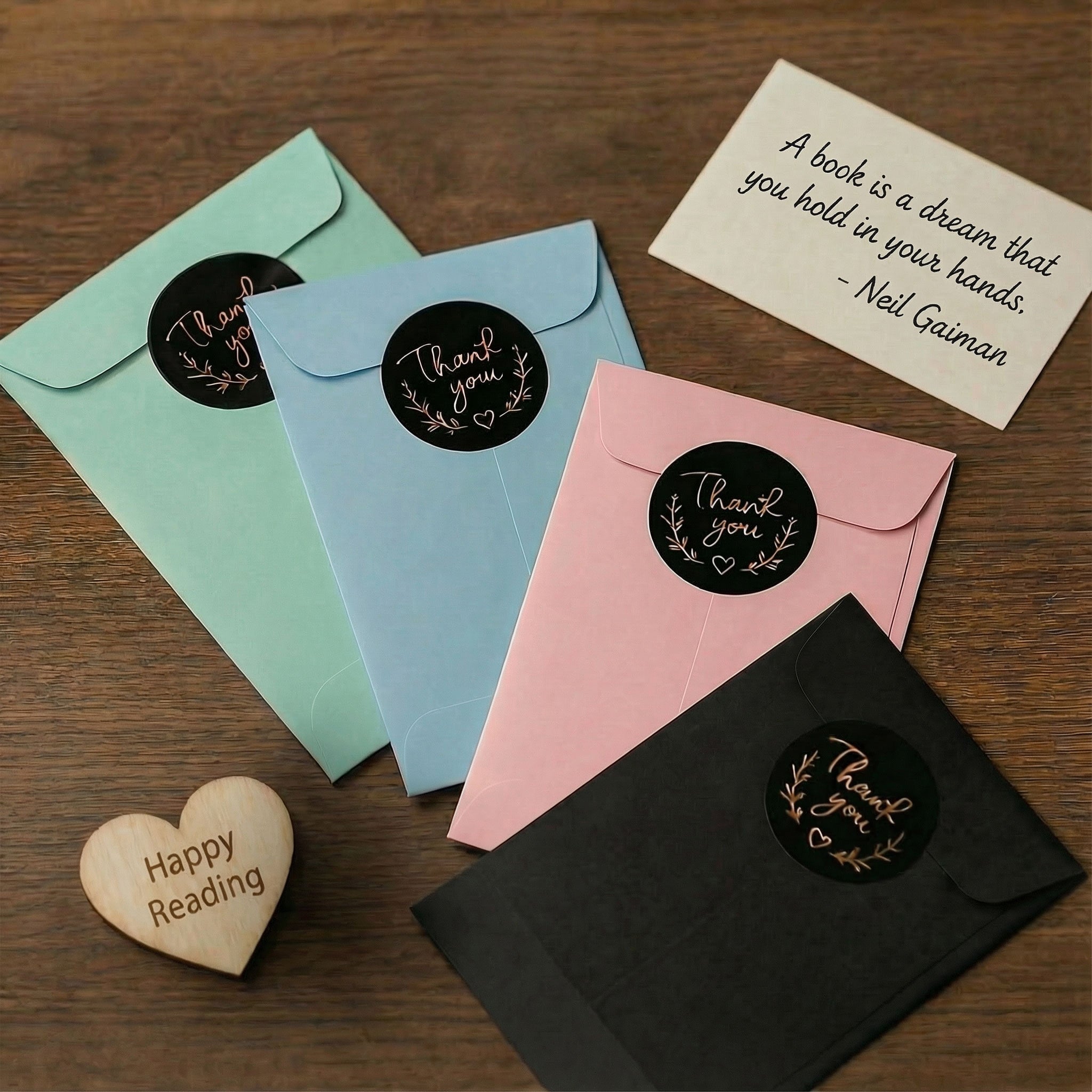 Personalised bookmark gift packaging showing pastel envelopes with thank you stickers and a wooden heart. Ready-to-gift packaging for book lover presents.