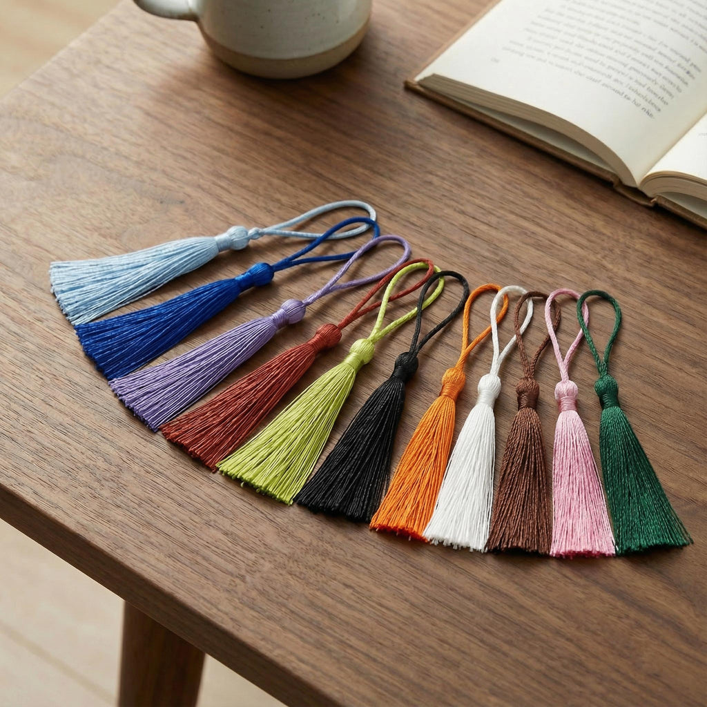 Fan of colourful silk tassels for personalised metal bookmarks arranged on a wooden table. Selection of tassel colours available for custom photo bookmarks.