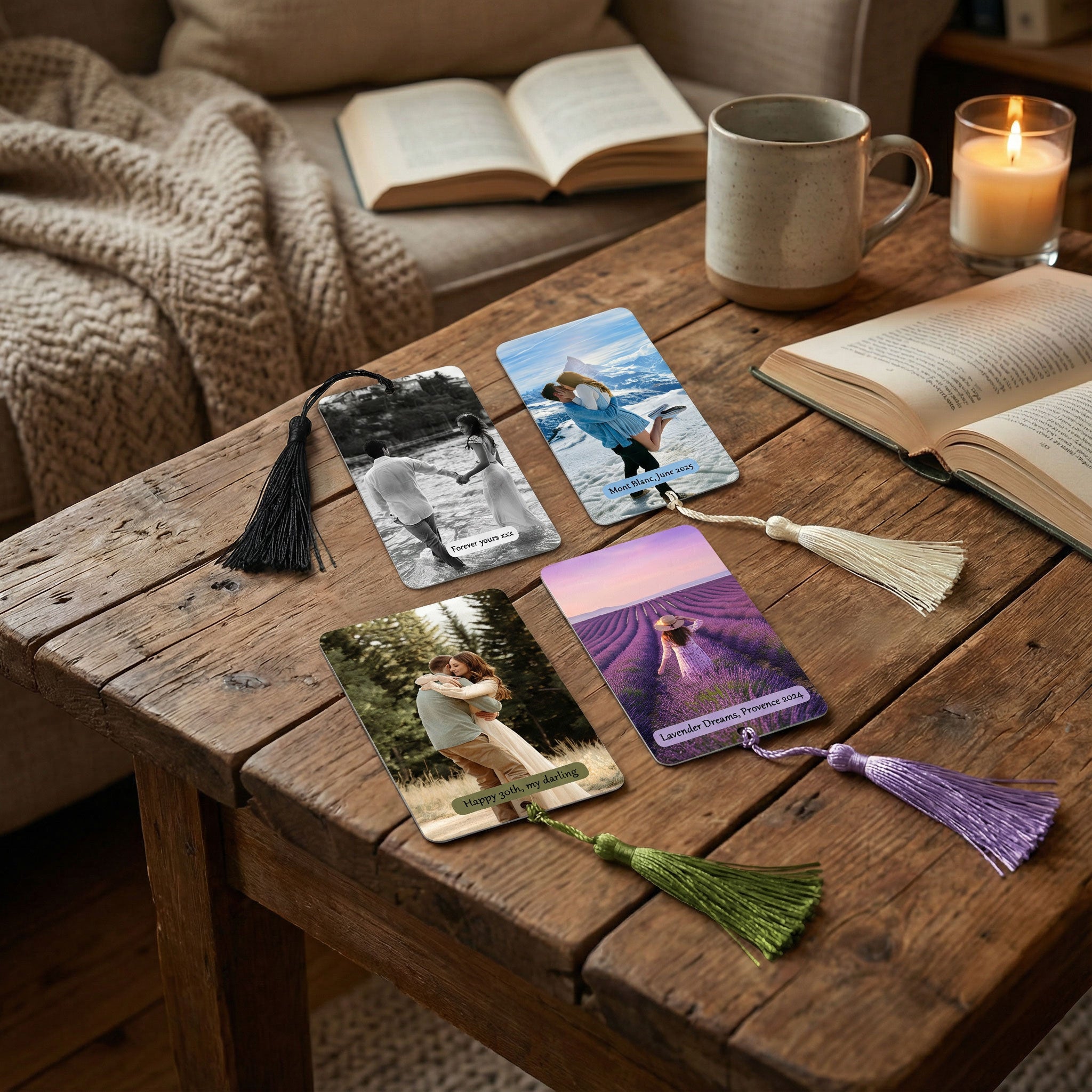 Collection of personalised photo bookmarks with various designs including wedding photos, couples, and scenic holiday memories. Custom printed metal bookmarks on a coffee table.