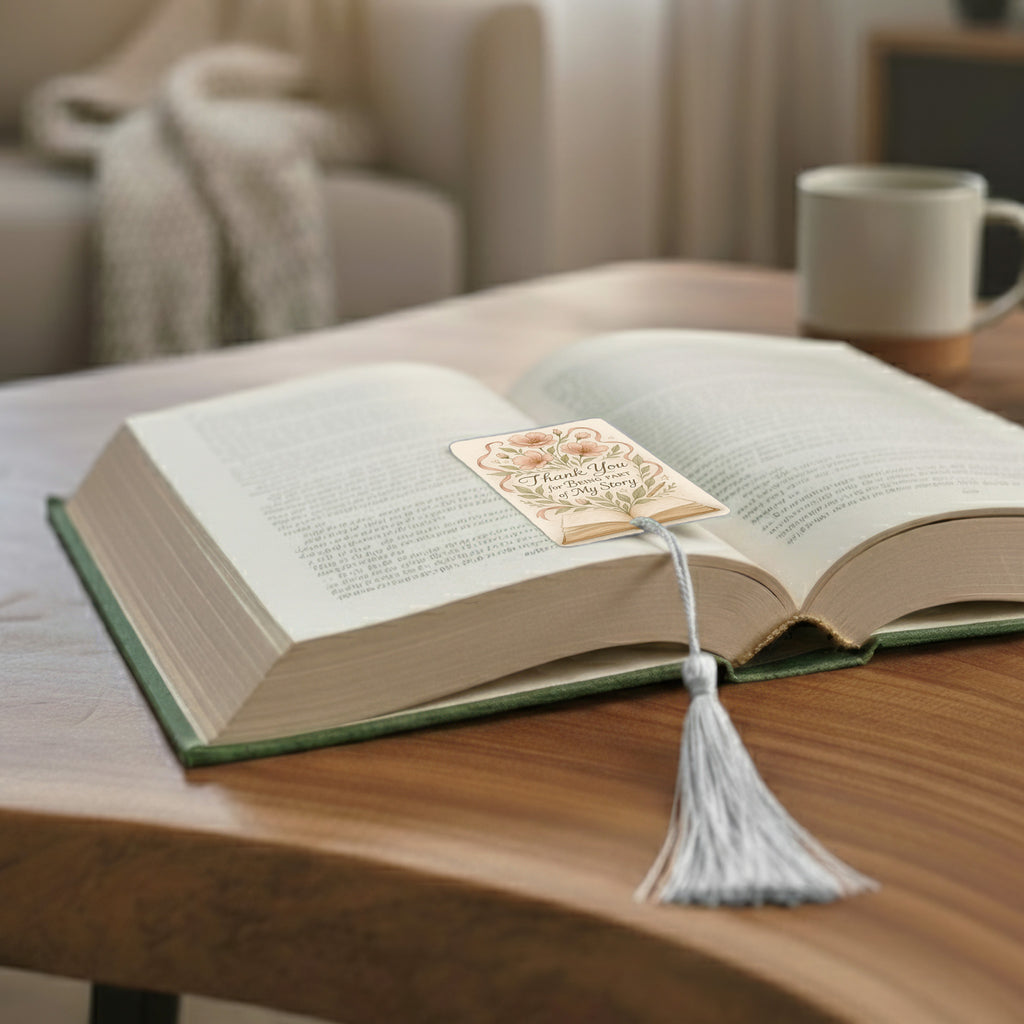 Personalised bookmark for teacher on open book with floral “Thank You for Being Part of My Story” design and tassel
