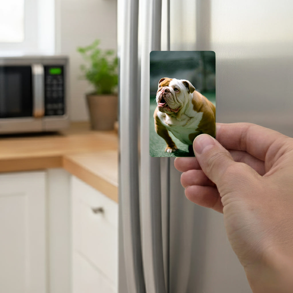 Hand holding personalised English Bulldog fridge magnet on kitchen fridge, custom photo bulldog gift UK