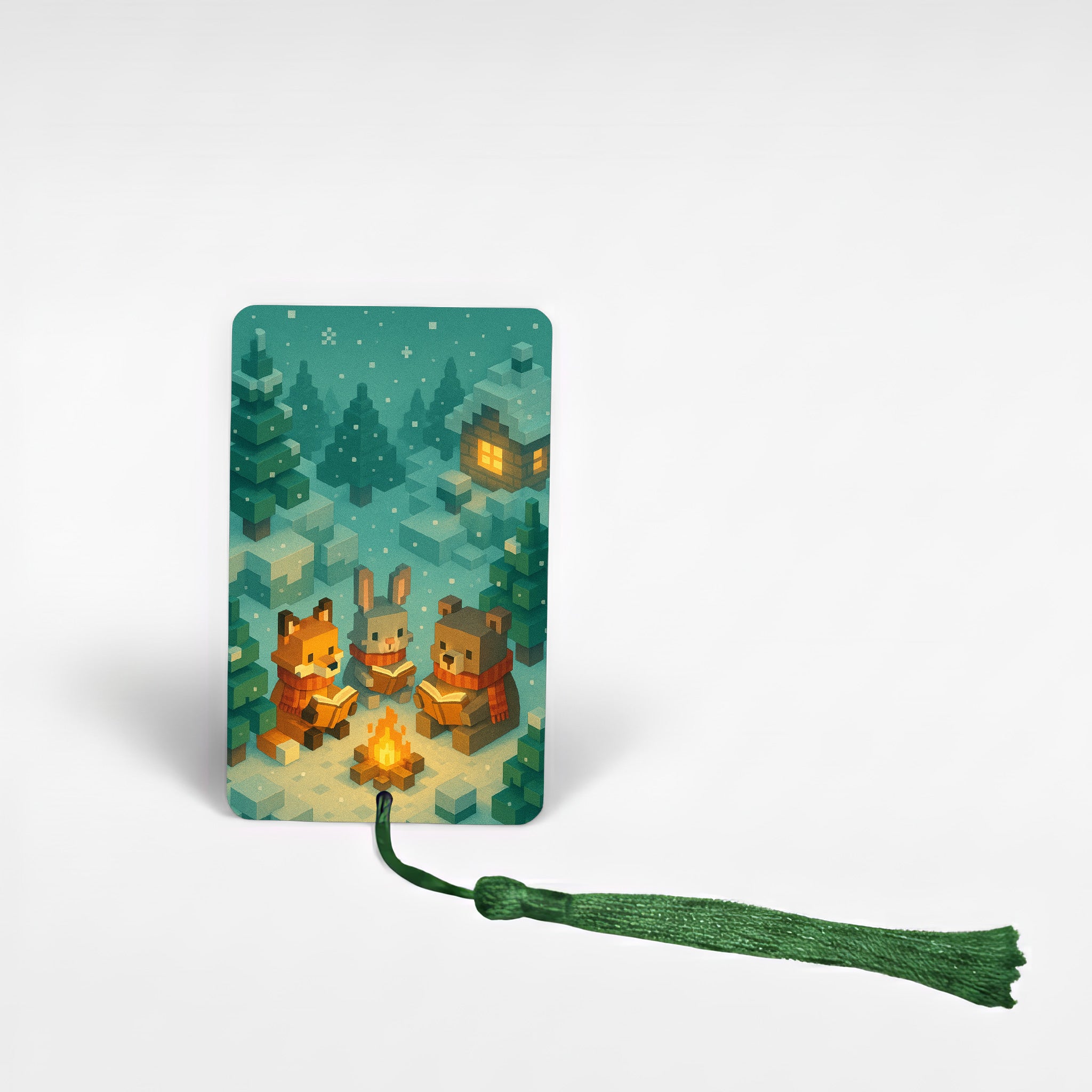 Personalised children’s winter reading adventure metal bookmark featuring pixel-style fox, bunny and bear reading beside a campfire in a snowy forest – custom kids bookmark with green tassel handmade in the UK.