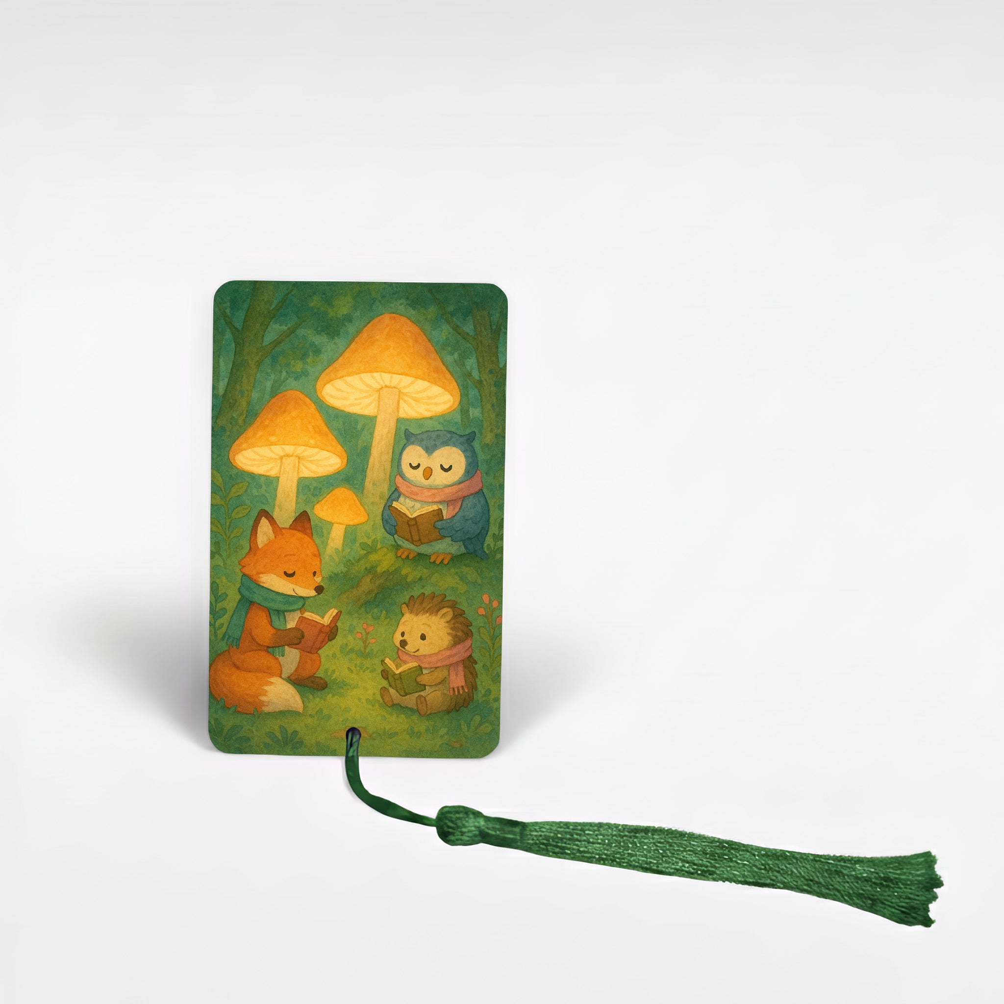 Personalised woodland reading friends metal bookmark featuring fox, owl, and hedgehog reading under giant mushrooms – custom children’s bookmark with green tassel handcrafted in the UK.