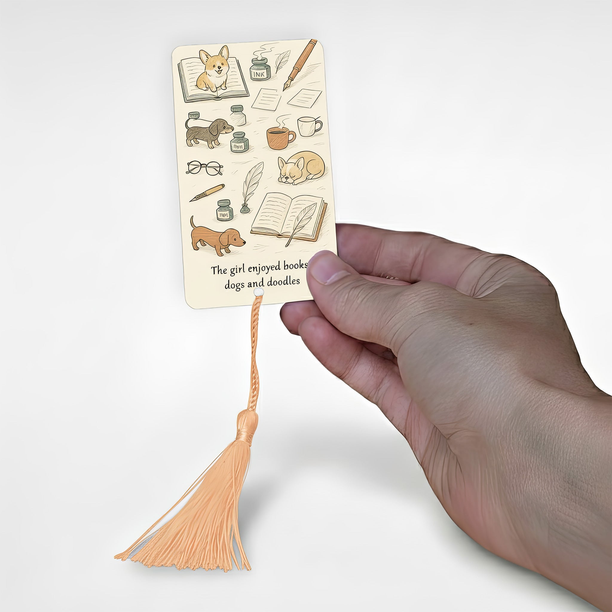 Illustrated personalised bookmark with doodle-style dogs, books and coffee cup — cosy autumn reading accessory for dog lovers and book enthusiasts, UK handmade gift.