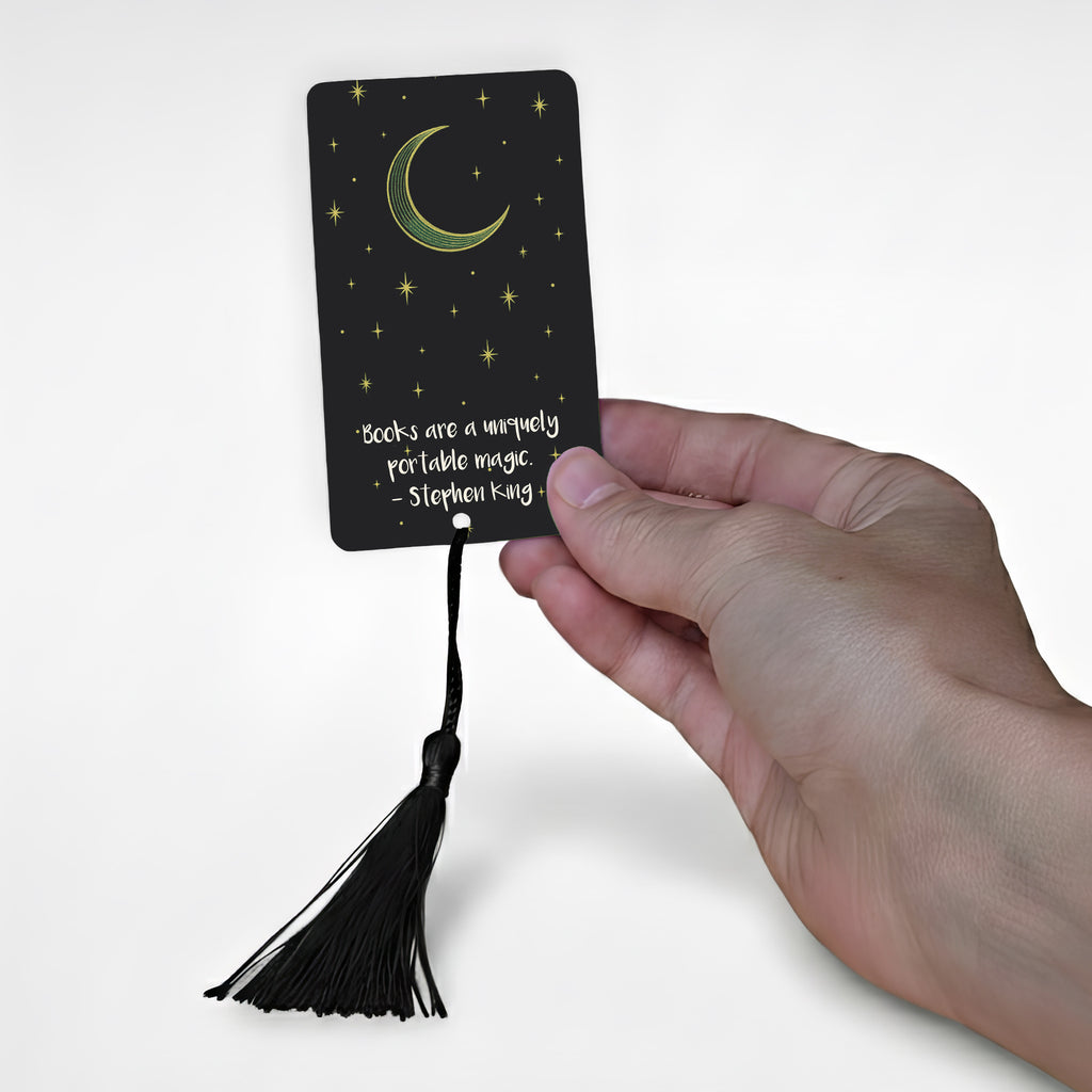 Black celestial metal bookmark with crescent moon, stars, and Stephen King quote — personalised night sky autumn bookmark gift for book lovers in the UK.