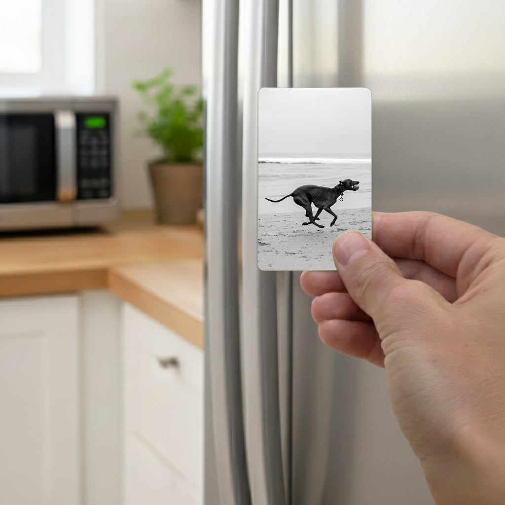 Hand placing personalised greyhound photo magnet on fridge door, custom greyhound gift made in the UK