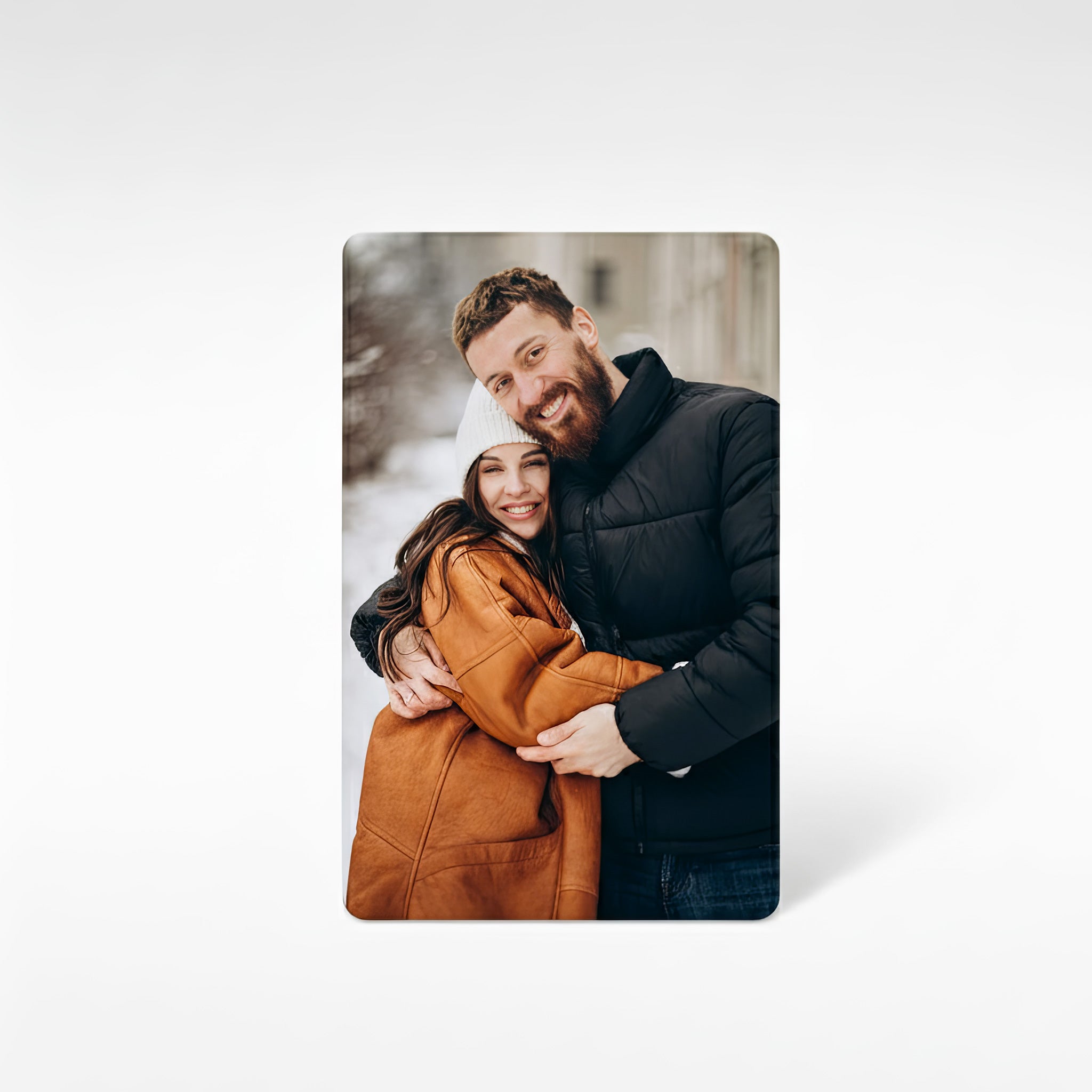 Personalised credit card sized metal photo wallet card featuring a couple hugging outdoors, printed in full colour on aluminium for a durable keepsake gift.