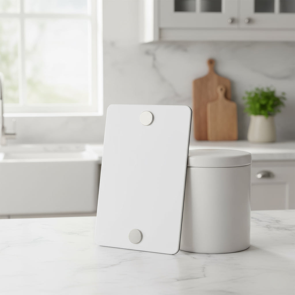 Back view of a personalised metal fridge magnet showing strong round magnets on a glossy white aluminium plate, displayed on a bright kitchen counter.