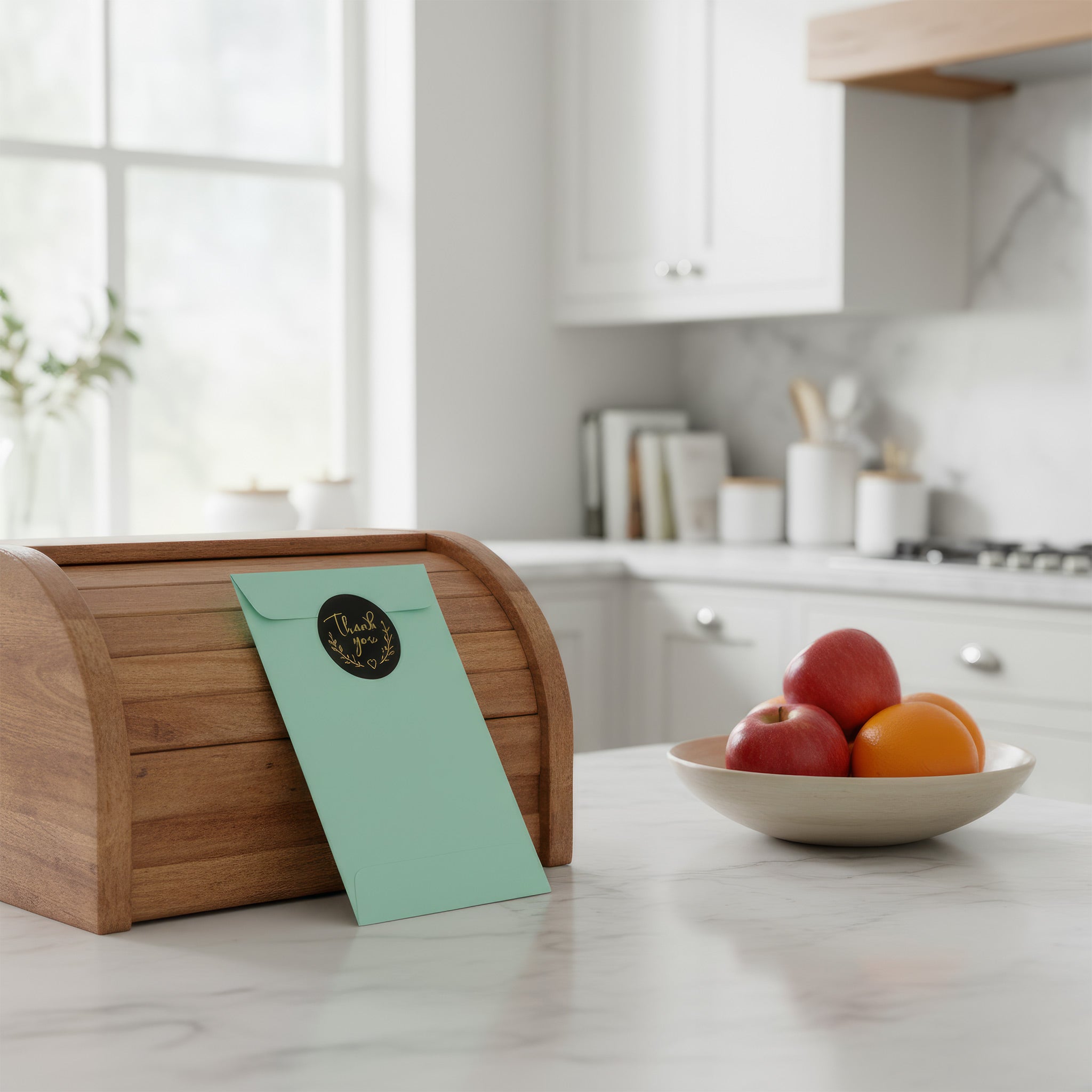 Gift-ready packaging for personalised fridge magnets, featuring a mint green envelope with a Thank You sticker on a kitchen counter.