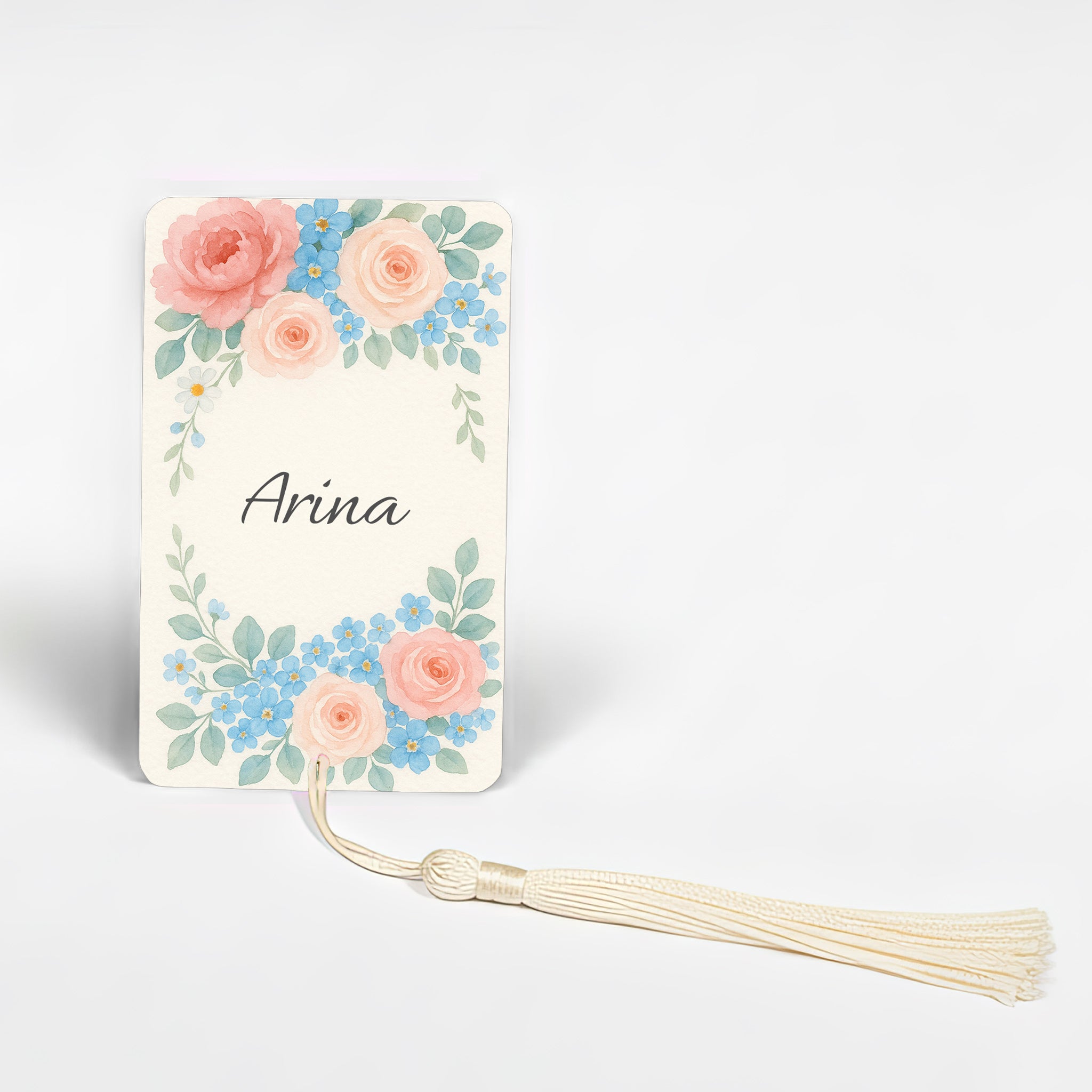 Personalised flower bookmark with name Arina in English garden bouquet design featuring pink roses and blue forget-me-nots, elegant watercolour floral metal bookmark handmade in the UK.