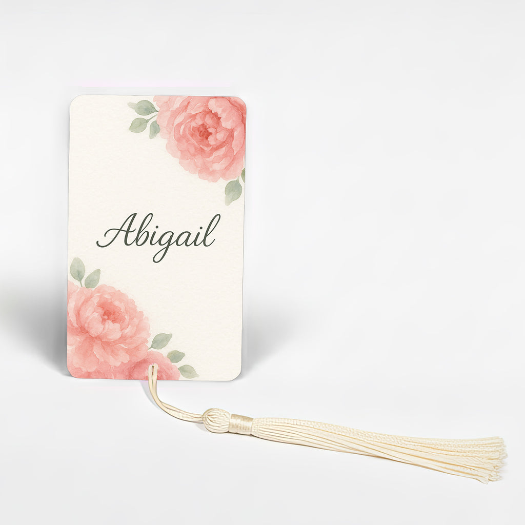 Personalised metal bookmark with soft pink peonies and name Abigail in script font, watercolour floral design handmade in England, elegant flower bookmark gift for her.