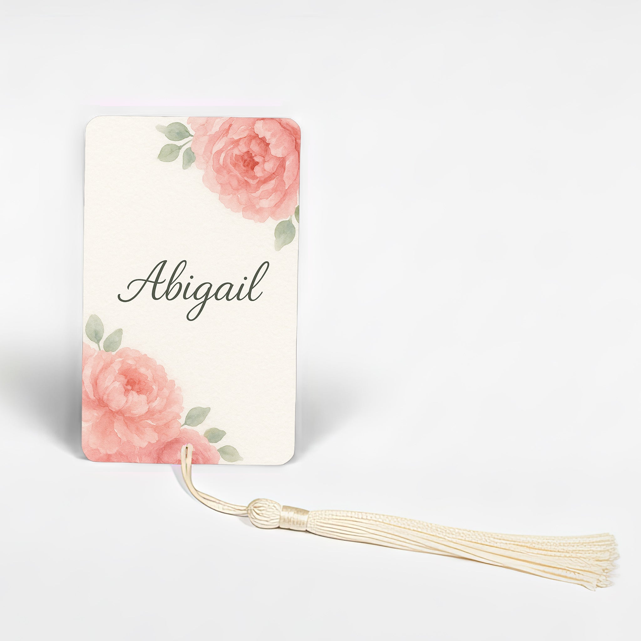 Personalised metal bookmark with soft pink peonies and name Abigail in script font, watercolour floral design handmade in England, elegant flower bookmark gift for her.