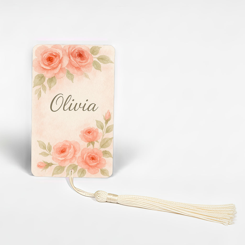 Custom pink rose garden bookmark with name Olivia, blush rose watercolour illustration printed on durable aluminium, personalised floral gift for readers UK.