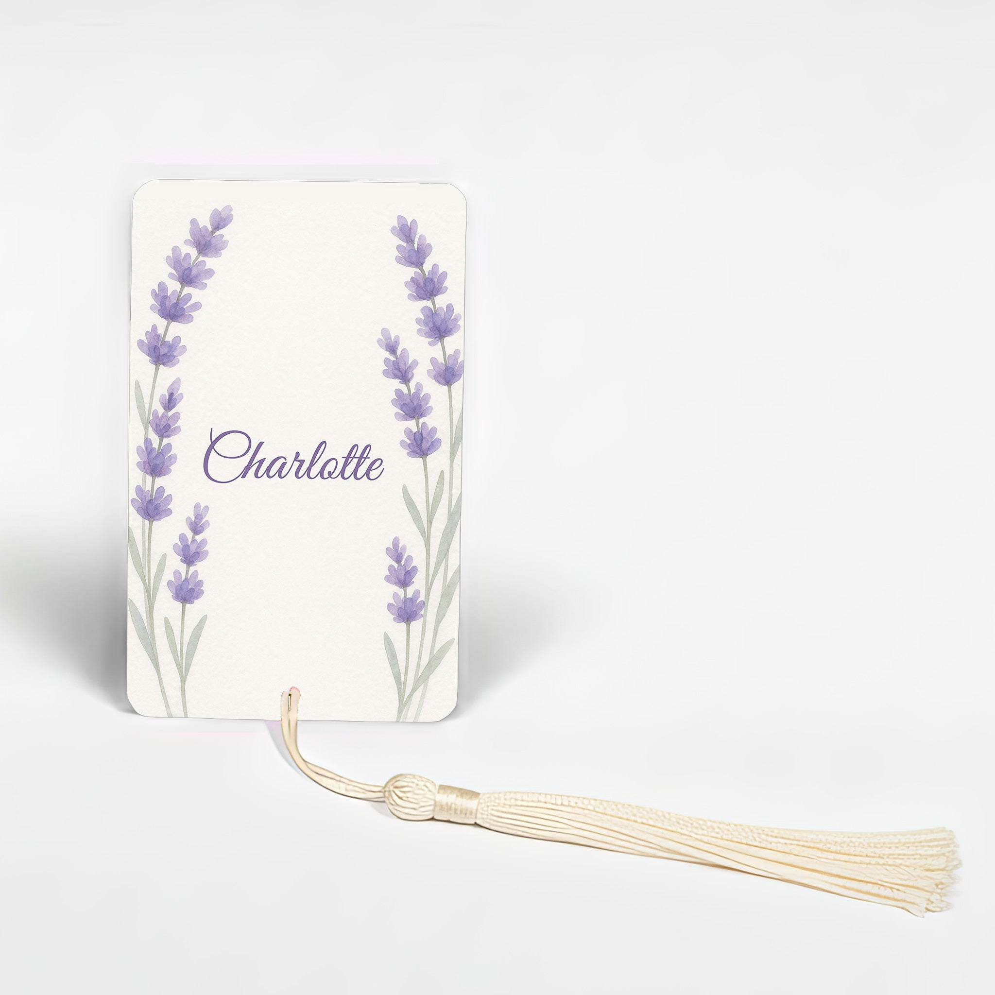 Custom lavender bookmark with name Charlotte, purple floral watercolour illustration on metal, calming personalised bookmark gift for book lovers and teachers UK.