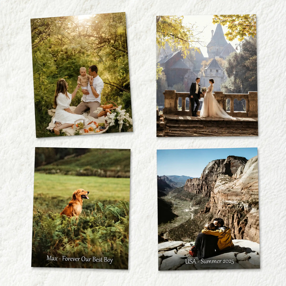 Four example customised metal photo prints arranged in a 2x2 grid on a textured white background. The prints show family portraits, a bride and groom by a castle, a dog in a field with the text 'Max - Forever Our Best Boy', and a couple sitting on a rock in a canyon with the text 'USA - Summer 2025'.