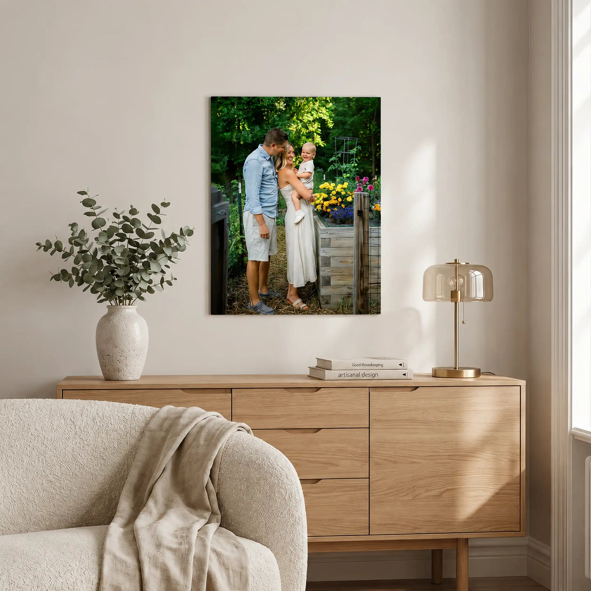 Lifestyle shot of a A3 sized personalised metal photo print displaying a family photo, mounted on a wall in a modern living room.
