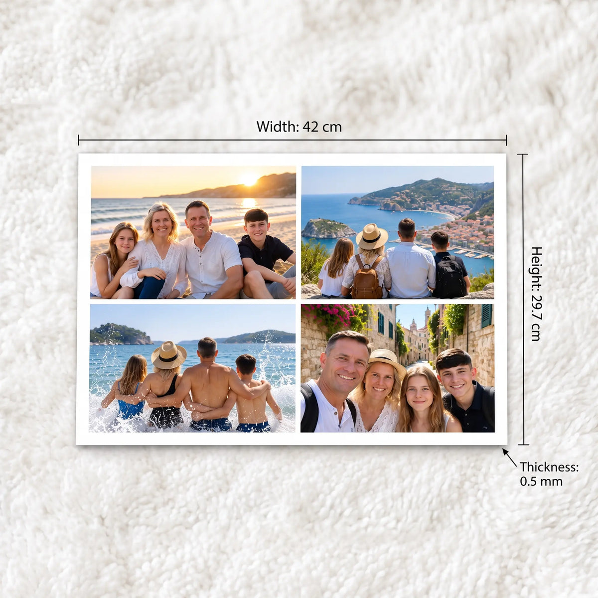 A3 personalised photo collage print showing 9 photos with dimensions of 42 × 29.7 cm, 0.5mm thickness
