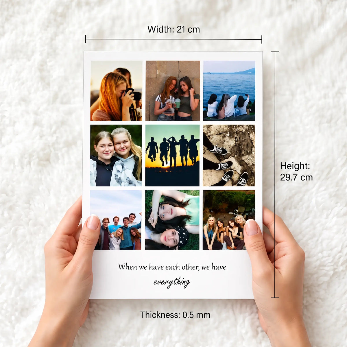 A4 personalised photo collage print showing 9 photos with dimensions of 21 × 29.7 cm, with 0.5mm thickness.