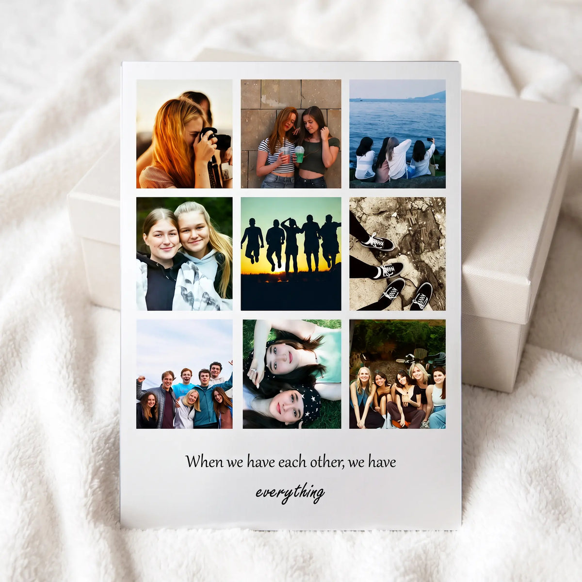 Personalised 9-photo collage print displayed on a soft white surface, with family photos and custom message.