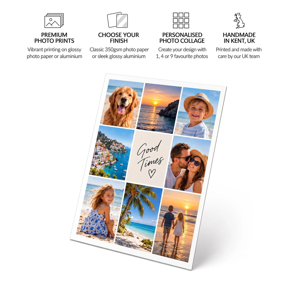 A custom photo collage print displayed at an angle on a white background, featuring six square photos of couples and pets with a central 'Good Times' text. Above the product, four black icons and text highlight features like premium photo prints, customizable collages, and handmade in Kent, UK.