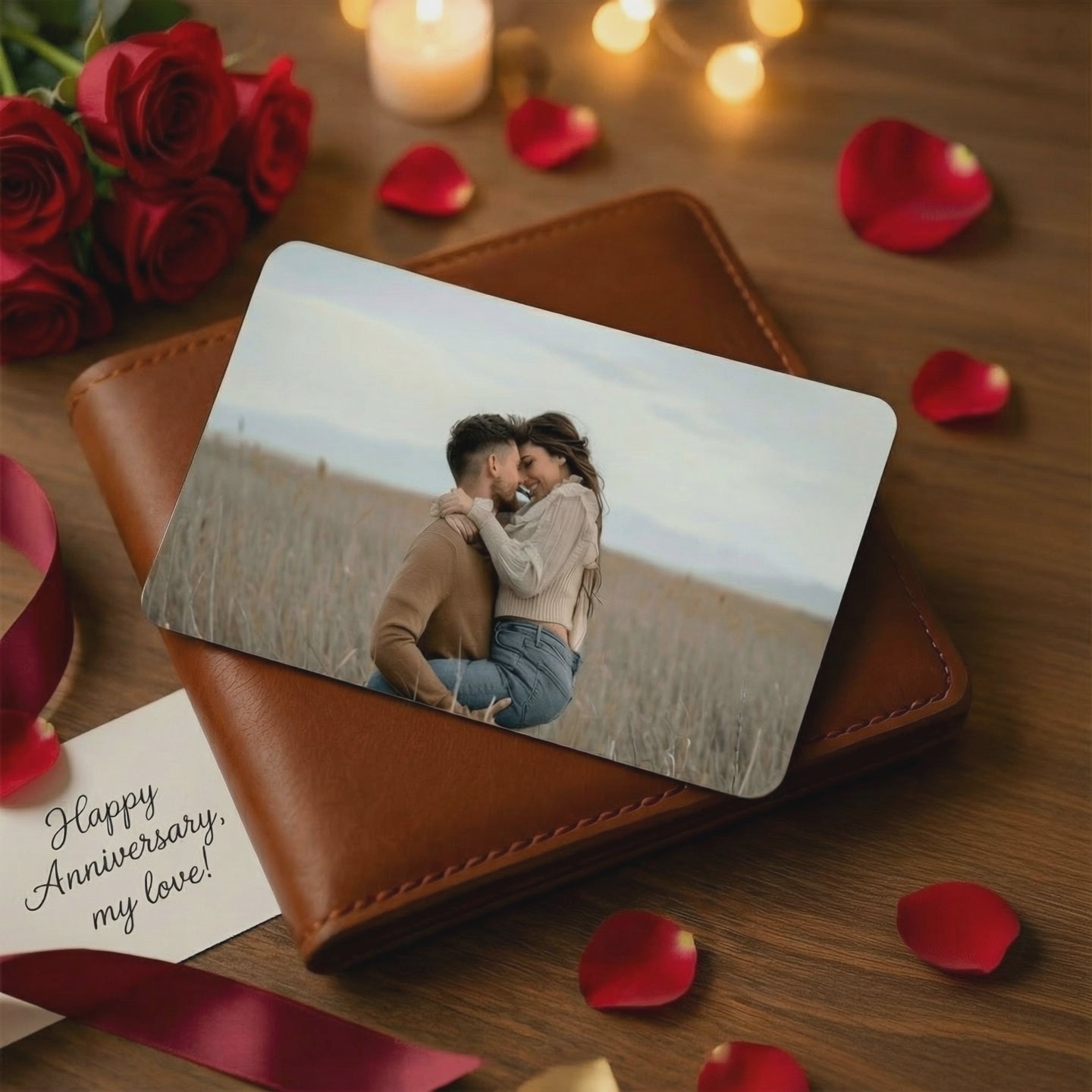 Video showcasing a personalised metal wallet card anniversary gift in a romantic scene with with falling rose petals. The landscape oriented aluminium insert features a couple's photo resting on a leather wallet next to red roses and warm twinkling lights.