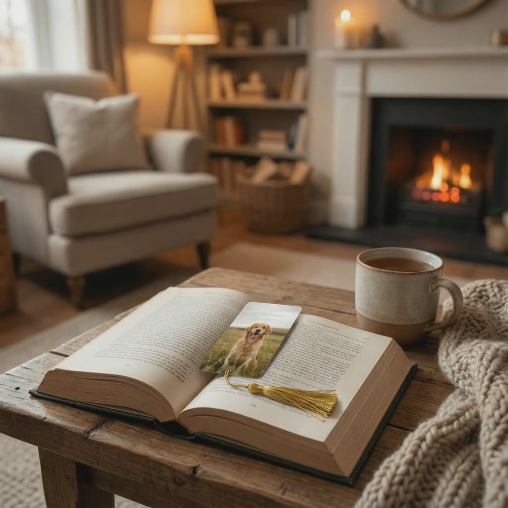 Video showing a personalised pet photo bookmark featuring a golden retriever lying on an open book in a cosy living room with a fireplace. Custom metal bookmark gift for dog lovers.